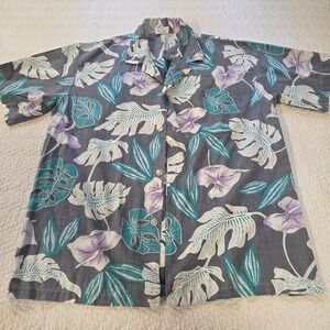 New Horizon Mens Medium Hawaiian Shirt Gray Teal Floral Monstera Made in Hawaii